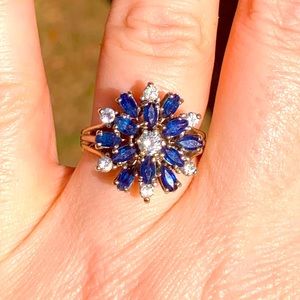 Bright Blue Sapphires & Clean White Diamonds in 14k Yellow Gold Flower Ring